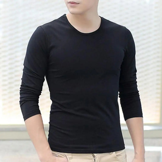 Long Sleeve Spring Autumn Tops Men's T-shirt O-neck Solid Elastic Pullover