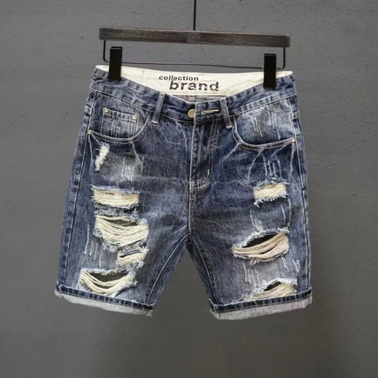Men's Ripped Denim Shorts Fashionable Summer Slim Shorts Pants with Distressed Ripped